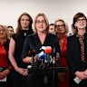 Victorian Premier Jacinta Allan on Tuesday with colleagues who were invited to defend the handling of the CFMEU scandal.