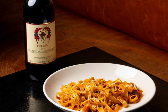 Tagliatelle all’amatriciana, guanciale, san marzano tomato, pecorino.