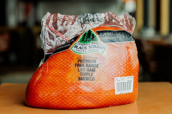 Black Forest Smokehouse premium free-range leg ham triple-smoked, from Harris Farm. 