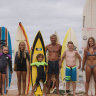 Adriaan van der Wallen of Avalon, fixes old surfboards for those who can't afford one or need one whilst there's is being repaired. Photographed on Avalon Beach with recipients. Erin Duggan (left), daughter, Petra van der Wallen, son Xavier van der Wallen, Josh Leigh and Blaze Roberts. 