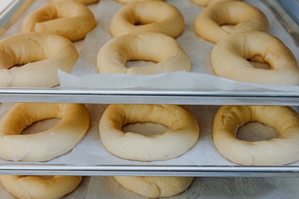 The doughnut rings are shaped by hand. 