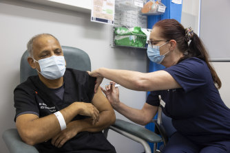 The first person to receive the vaccine in the South Western Sydney Local Health District was South Western Sydney Local Health District Director of Critical Care Associate Professor Deepak Bhonagiri.