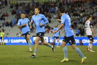 Max Burgess of Sydney FC celebrates a goal during the A-League Men’s match against Macarthur FC at Campbelltown Stadium.