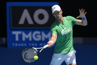 Waiting on visa decision: Novak Djokovic practises on Thursday.