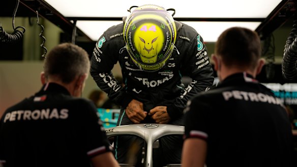 Struggling: Mercedes driver Lewis Hamilton prepares during a practice. 