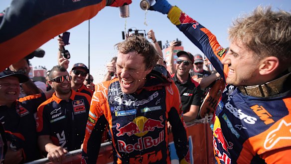 Australia’s Daniel Sanders celebrates winning the Dakar Rally.