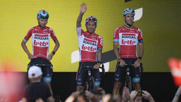 Caleb Ewan, centre, at the start of the 2022 Tour de France in Denmark.