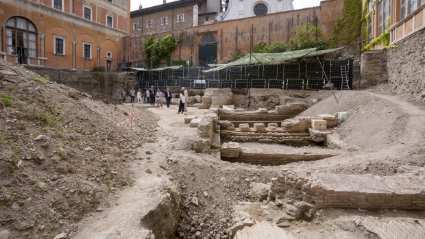 The excavation site of the ancient Roman emperor Nero’s theatre, 1st century AD, backdropped by the church of Santo Spirito in Sassia, in Rome.