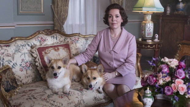 At home with the corgis: Olivia Colman as Queen Elizabeth II in The Crown.