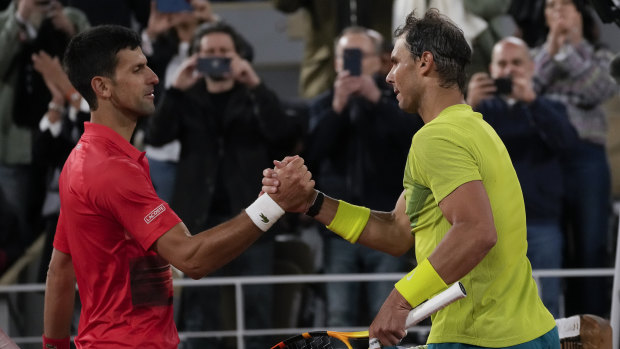 Novak Djokovic and Rafael Nadal after their quarter-final at Roland Garros in 2022.