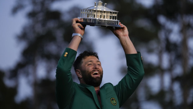 Jon Rahm celebrates his win at Augusta.