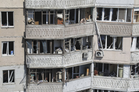 An apartment building is damaged during a massive Russian drone strike in Odesa, Ukraine on Saturday.