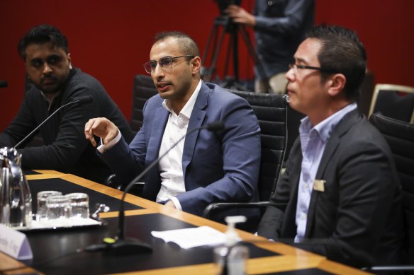 At the inquiry (from left) emergency medicine physicians Dr Pramod Chandru and Dr James Tadros, and Dr Setthy Ung. district chairman, South Western Sydney Local Health District medical staff executive council.
