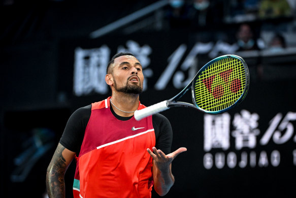 Nick Kyrgios acting every bit the showman against Liam Broady.