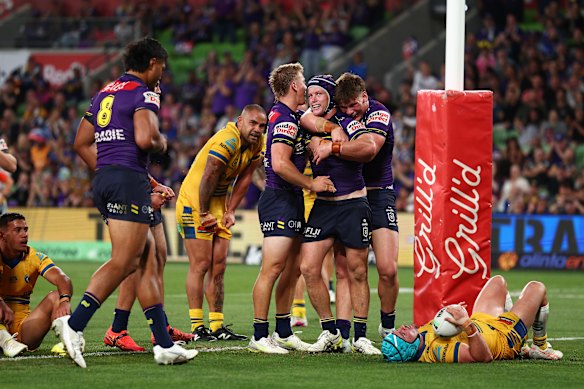 Highs and lows: Harry Grant scores another try in Melbourne’s big win over Parramatta.
