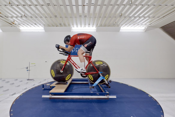 Matt Glanville has put all sorts of things to the test in his company’s wind tunnel, including himself on a bike to assess the most aerodynamic gear and positions. 