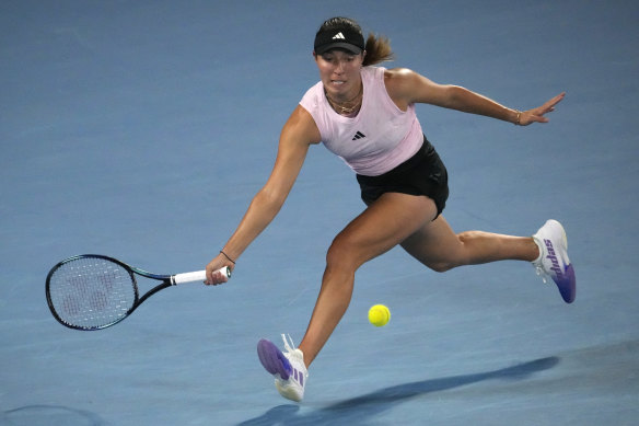 Jessica Pegula of the U.S. plays a forehand return to Victoria Azarenka.