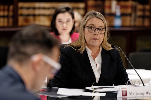 Former Investment NSW deputy secretary Jenny West appearing at the NSW upper house inquiry into the appointment of former National party boss John Barilaro to a New York trade job.