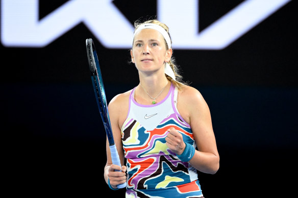 Victoria Azarenka celebrating her win against Jessica Pegula. 