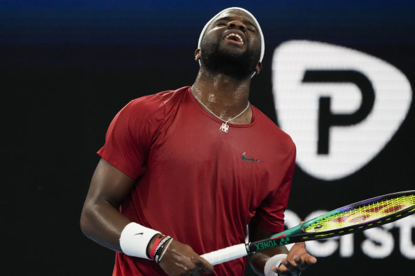 United States’ Frances Tiafoe reacts after losing a point to Poland’s Kacper Zuk during their semifinal match at the United Cup on Friday.