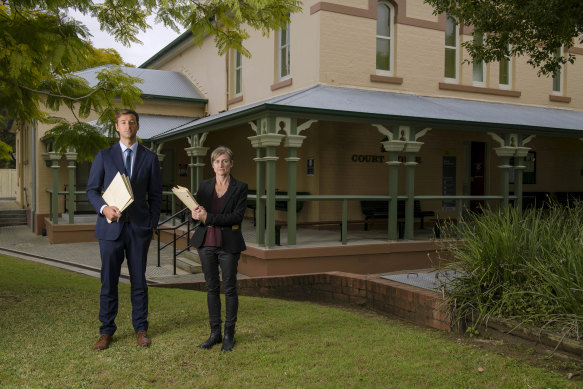 NSW Aboriginal legal service lawyers Binnie O'Dwyer and Riley Owen outside the Casino Court House. 