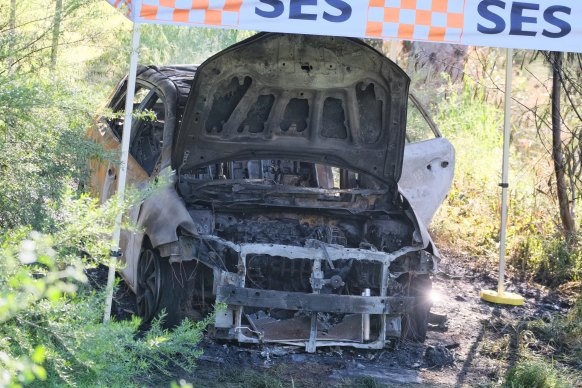 A second burnt out car linked to a fatal Craigieburn targeted shooting sits wrecked on the Merri Creek’s banks on Sunday.