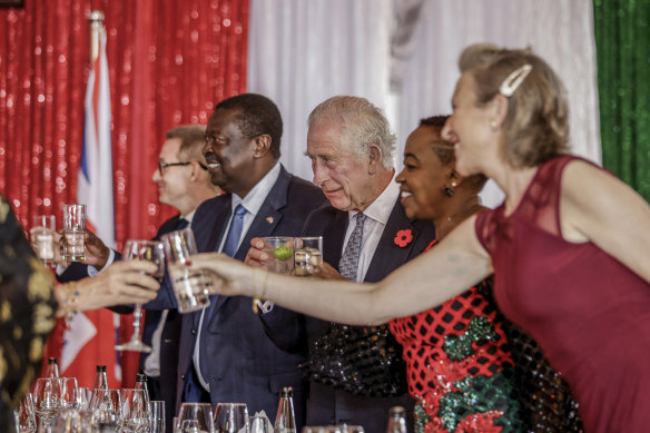 A toast at the state banquet: King Charles between Kenyan President William Ruto and his wife, first lady  Rachel Ruto.