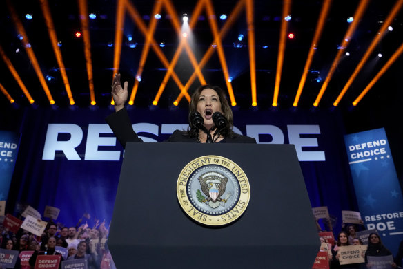 Vice President Kamala Harris speaks before President Joe Biden at an event in Manassas, Virginia.