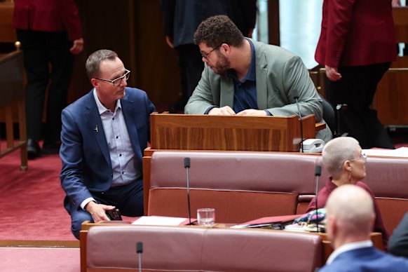 Senator Jordon Steele-John talking with party leader David Shoebridge.