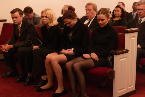 A family in mourning (from left): Clayton Peterson (Dane DeHaan), Martha Ratliff (Odessa Young), Margaret Ratliff (Sophie Turner) and Caitlin Atwater (Olivia DeJonge).