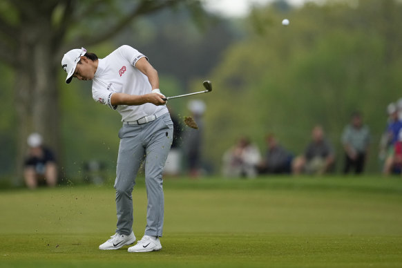 Min Woo Lee in the second round of the PGA Championship at Oak Hill Country Club.