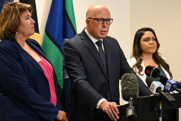 Opposition Leader Peter Dutton with the newly promoted Kerrynne Liddle (left) and Jacinta Nampijimpa Price on Tuesday, April 18, two weeks after announcing the Liberal party would formally oppose the Voice. 