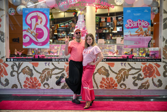 Marcus Mckenzie (left) and Amelia Dowd (right) dressed up to see Barbie on Tuesday morning at Cinema Nova.