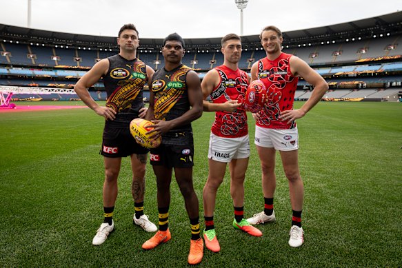 Tim Taranto, Maurice Rioli, Jade Gresham and Mason Redman ahead of Friday night’s Dreamtime game.
