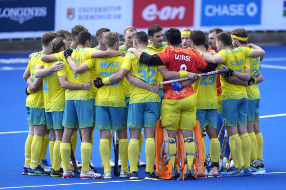 The Kookaburras huddle before the gold medal game.
