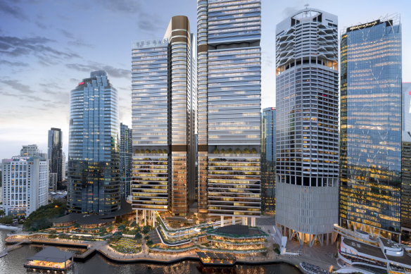 Waterfront Brisbane’s two towers (centre), with Riparian Plaza to the right.