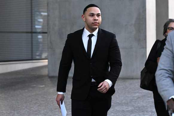 Seyram Kwami Djentuh is seen leaving the Brisbane Supreme Court. He has pleaded not guilty to murdering a 24-year-old, who died after allegedly being stabbed in the neck at Brisbane’s Fortitude Valley train station in July 2022.