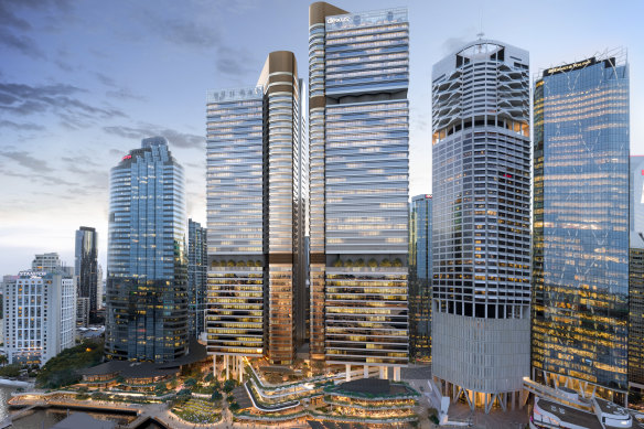 Waterfront Brisbane’s two towers (centre), with Riparian Plaza to the right.