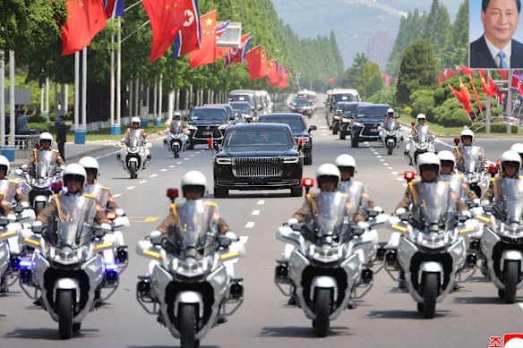 A phalanx of motorcycle outriders accompanied Xi’s motorcade as he made his way into the North Korean capital.