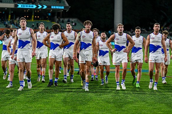 The Kangaroos trudge off Adelaide Oval, which has become an unhappy hunting ground for them.