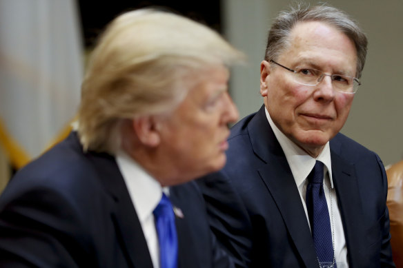 NRA boss Wayne LaPierre, right, with US President Donald Trump in the Roosevelt Room of the White House in February 2017.