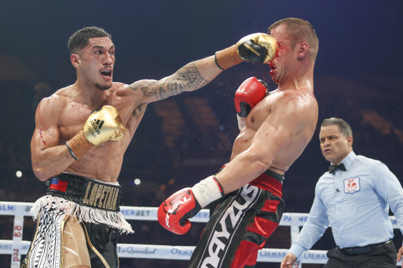 Australian boxer Jai Opetaia (left) fights Mairis Briedis for the IBF cruiserweight title.