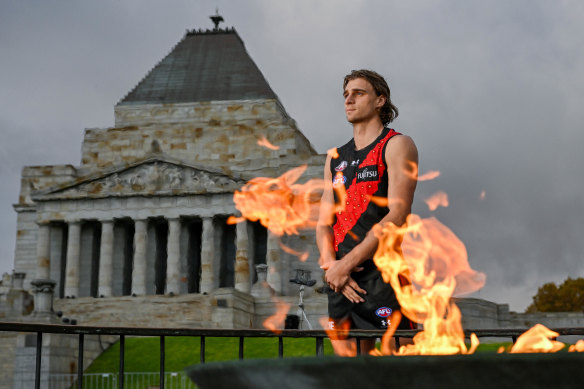 Essendon’s Harry Jones at the Shrine of Remembrance ahead of the Anzac Day game against Collingwood.