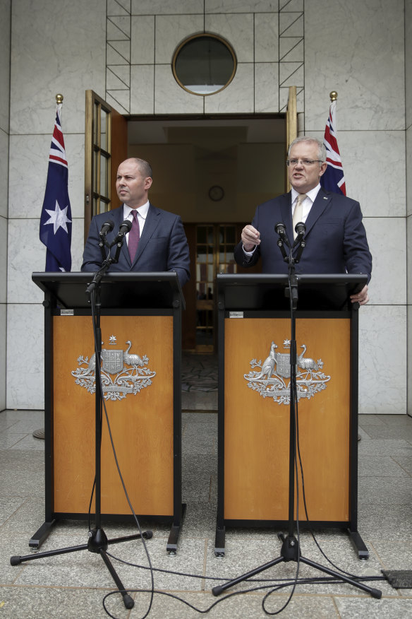 Treasurer Josh Frydenberg and Prime Minister Scott Morrison in Canberra on March 12.