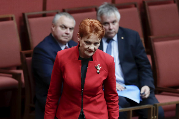 Pauline Hanson and Centre Alliance's Stirling Griff and Rex Patrick. 