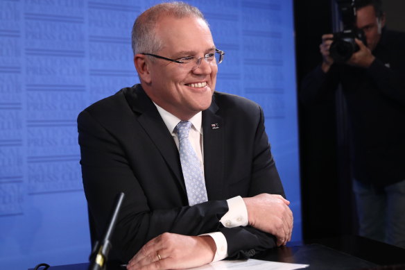 Prime Minister Scott Morrison during his election address at the National Press Club in Canberra this week. 