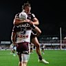 Blake Wilson celebrates the opening try for Manly on Saturday night.