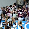 The Sea Eagles celebrate a try. 