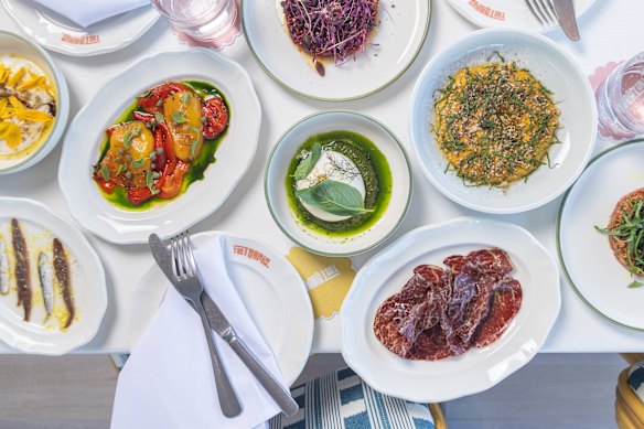 From left: sweet peppers, burrata and pesto, pumpkin hummus, and wagyu bresaola. 