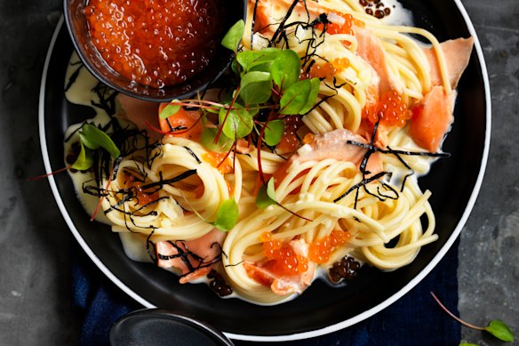 Salmon and nori cream pasta.